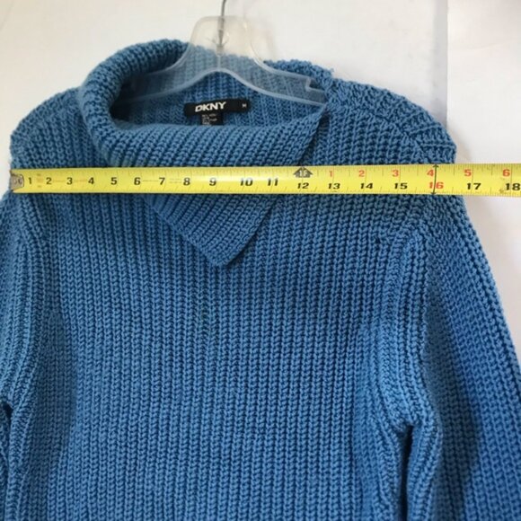 DKNY Chucky Wool Ribbed Knit Sweater Side Mock Neck Soft Cozy Oversized Blue M - Picture 13 of 15